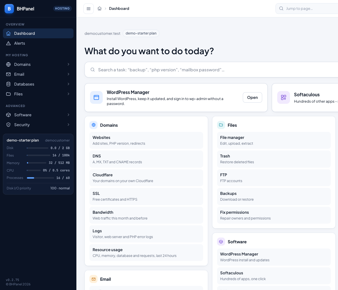 BHPanel customer dashboard